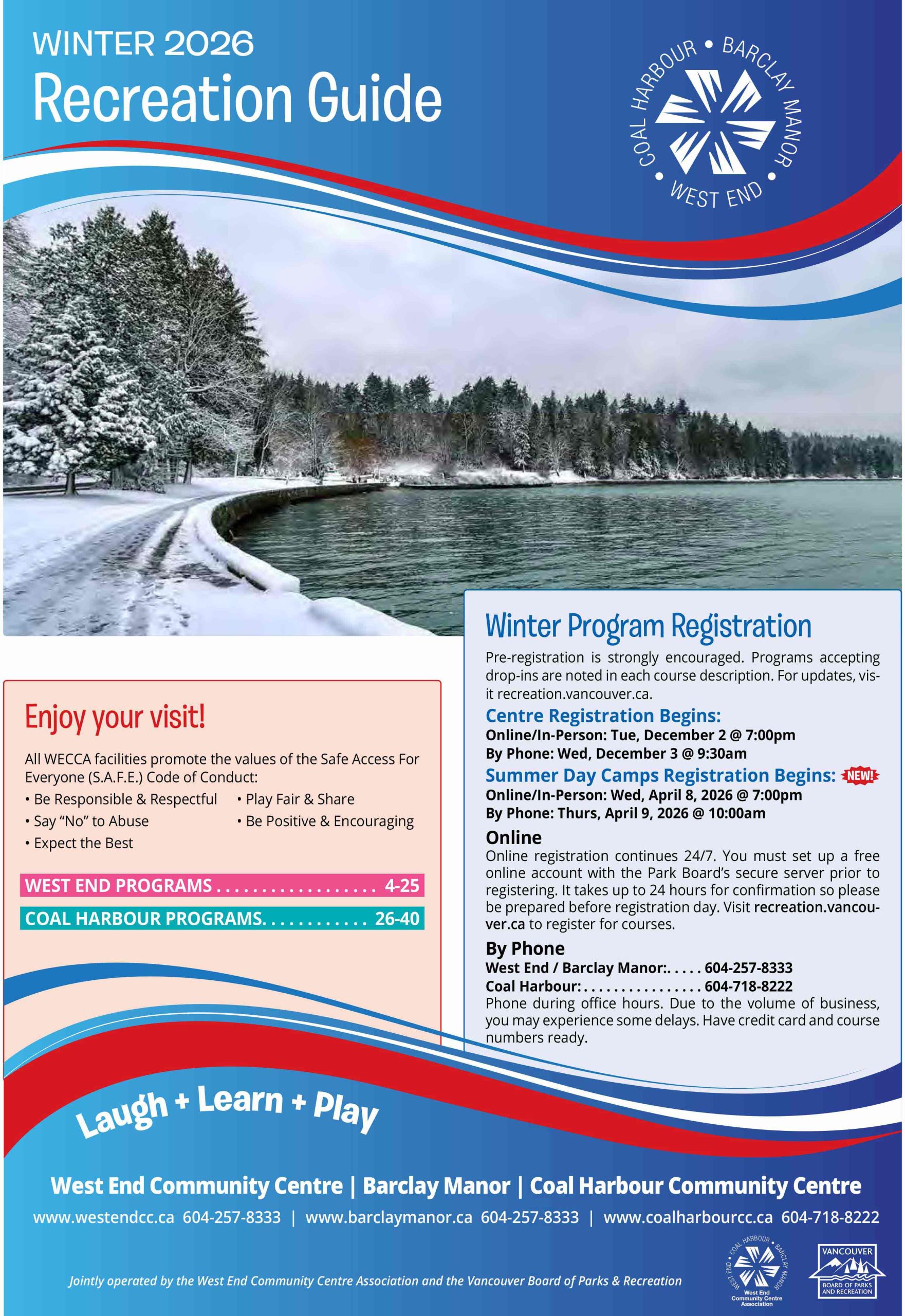 The West End Community Centre Association (WECCA) The West End Community Centre Association (WECCA) is driven by a volunteer board of directors – people just like you. WECCA operates in partnership with the Vancouver Board of Parks and Recreation to provide recreational, educational, and social activities and services including group fitness classes, community events, room rentals, pottery classes, language classes – even an ice skating rink! We offer these activities, plus much more, at Barclay Manor, Coal Harbour and West End Community Centres. We have partnerships and working relationships with the Vancouver Park Board staff, School Board, the Joe Fortes Library, other Community Centres, and West End and Coal Harbour community groups and agencies. We promote, foster and develop community spirit and good citizenship. Our mission is to enhance the quality of life of the West End and Coal Harbour communities by providing recreational, educational, and social activities and services, which are accessible and responsive to the changing needs of the communities