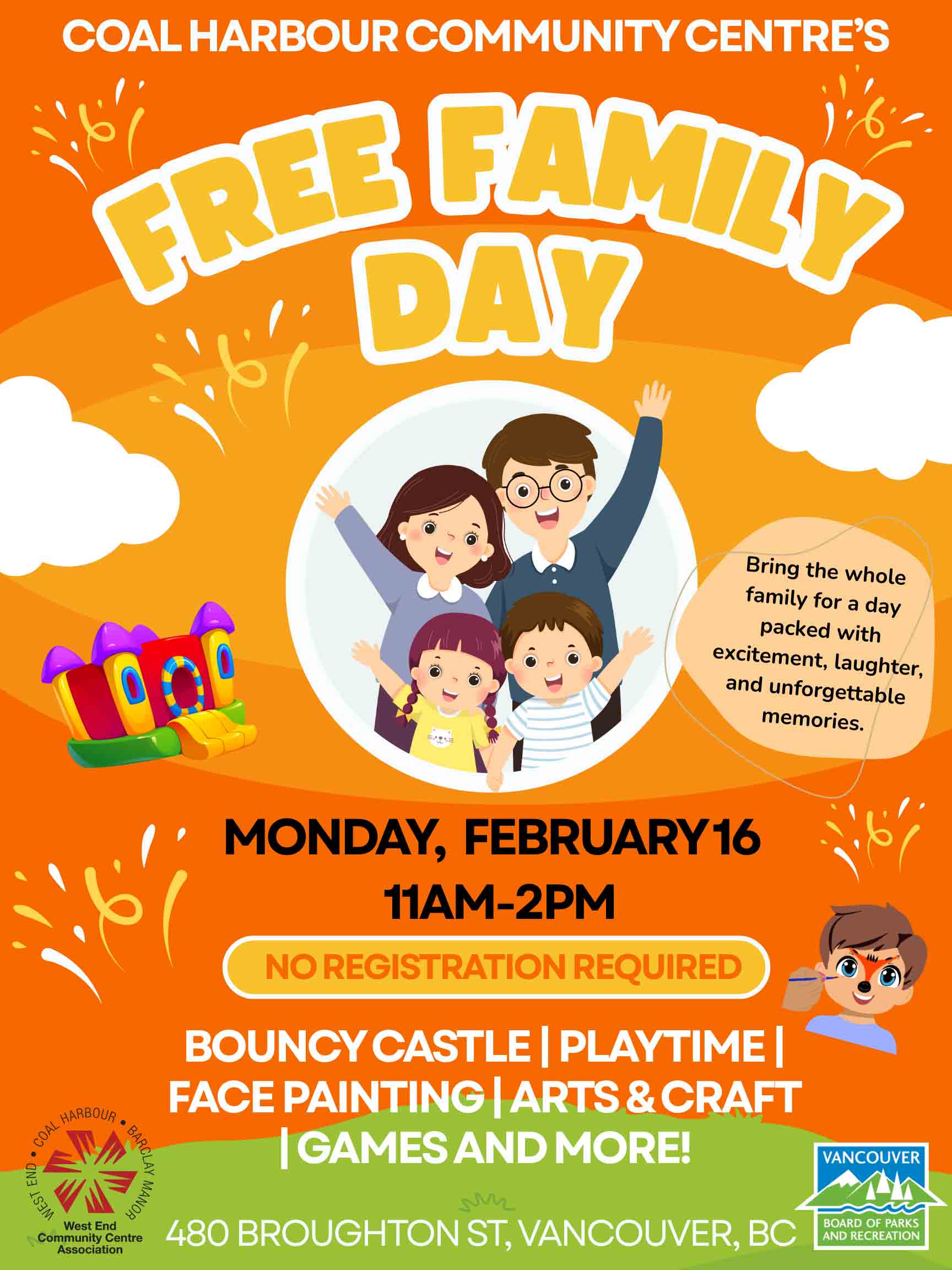 

Celebrate Family Day!
Join other families for gym playtime, fun lobby activities and more!
Free activities and admission.
Coal Harbour Community Centre
Monday February 16, 11:00am-2:00pm
FREE