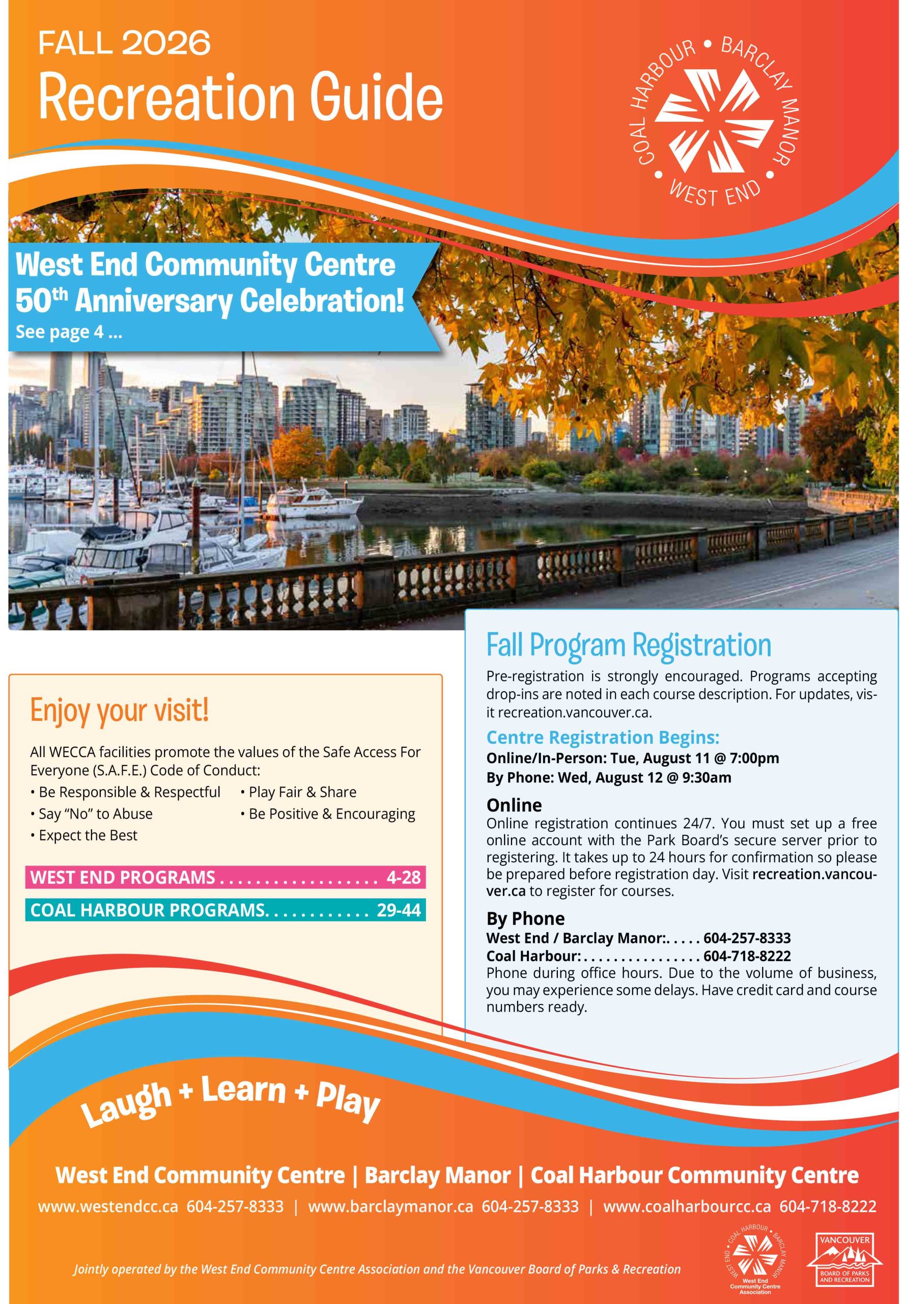 The West End Community Centre Association (WECCA) is driven by a volunteer board of directors – people just like you. WECCA operates in partnership with the Vancouver Board of Parks and Recreation to provide recreational, educational, and social activities and services including group fitness classes, community events, room rentals, pottery classes, language classes – even an ice skating rink! We offer these activities, plus much more, at Barclay Manor, Coal Harbour and West End Community Centres. We have partnerships and working relationships with the Vancouver Park Board staff, School Board, the Joe Fortes Library, other Community Centres, and West End and Coal Harbour community groups and agencies. We promote, foster and develop community spirit and good citizenship. Our mission is to enhance the quality of life of the West End and Coal Harbour communities by providing recreational, educational, and social activities and services, which are accessible and responsive to the changing needs of the communities.