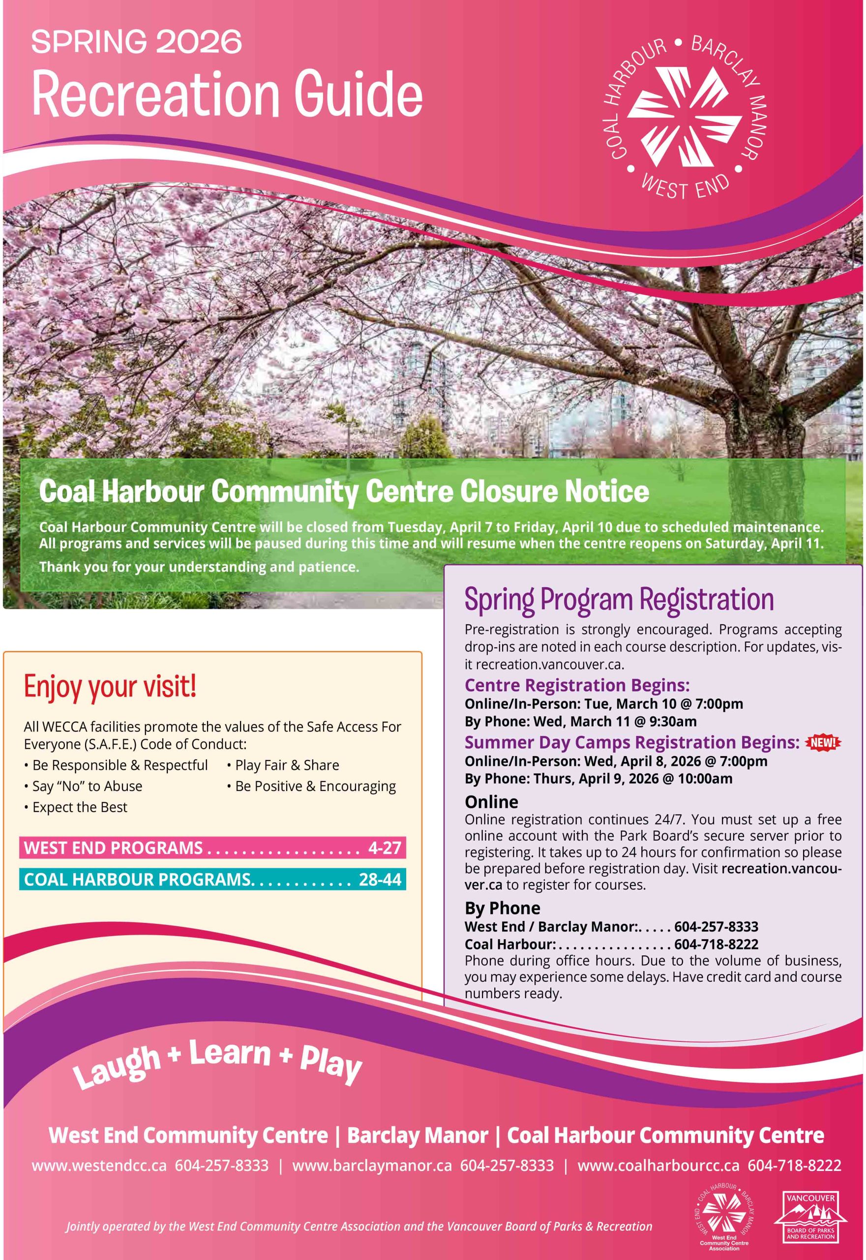 The West End Community Centre Association (WECCA) The West End Community Centre Association (WECCA) is driven by a volunteer board of directors – people just like you. WECCA operates in partnership with the Vancouver Board of Parks and Recreation to provide recreational, educational, and social activities and services including group fitness classes, community events, room rentals, pottery classes, language classes – even an ice skating rink! We offer these activities, plus much more, at Barclay Manor, Coal Harbour and West End Community Centres. We have partnerships and working relationships with the Vancouver Park Board staff, School Board, the Joe Fortes Library, other Community Centres, and West End and Coal Harbour community groups and agencies. We promote, foster and develop community spirit and good citizenship. Our mission is to enhance the quality of life of the West End and Coal Harbour communities by providing recreational, educational, and social activities and services, which are accessible and responsive to the changing needs of the communities.