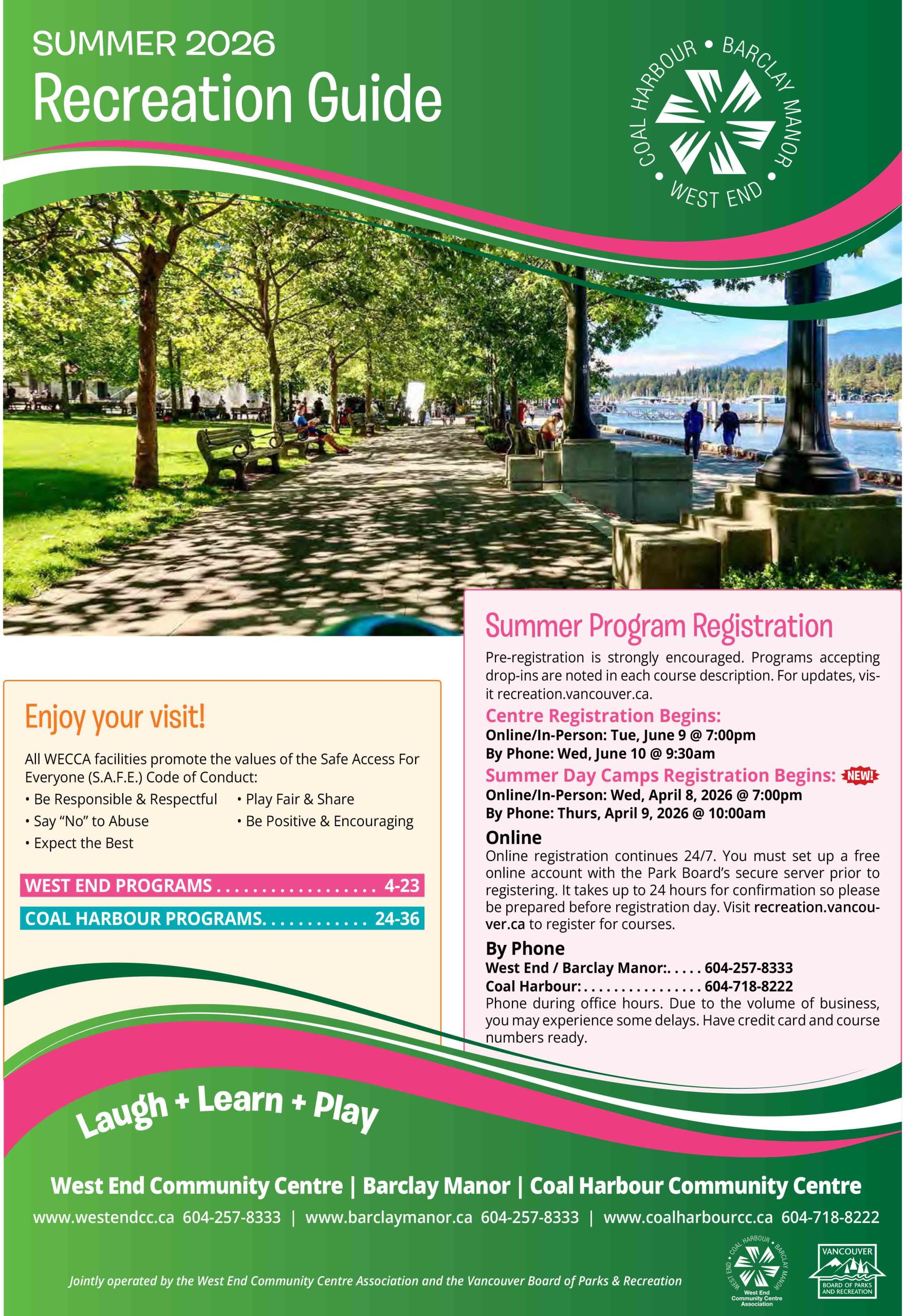 The West End Community Centre Association (WECCA) The West End Community Centre Association (WECCA) is driven by a volunteer board of directors – people just like you. WECCA operates in partnership with the Vancouver Board of Parks and Recreation to provide recreational, educational, and social activities and services including group fitness classes, community events, room rentals, pottery classes, language classes – even an ice skating rink! We offer these activities, plus much more, at Barclay Manor, Coal Harbour and West End Community Centres. We have partnerships and working relationships with the Vancouver Park Board staff, School Board, the Joe Fortes Library, other Community Centres, and West End and Coal Harbour community groups and agencies. We promote, foster and develop community spirit and good citizenship. Our mission is to enhance the quality of life of the West End and Coal Harbour communities by providing recreational, educational, and social activities and services, which are accessible and responsive to the changing needs of the communities.